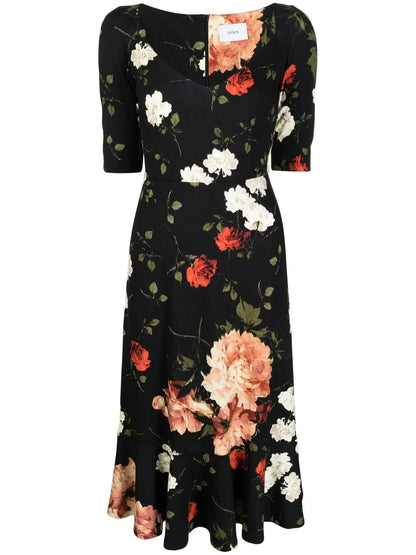 Floral Sweetheart-Neck Midi Dress