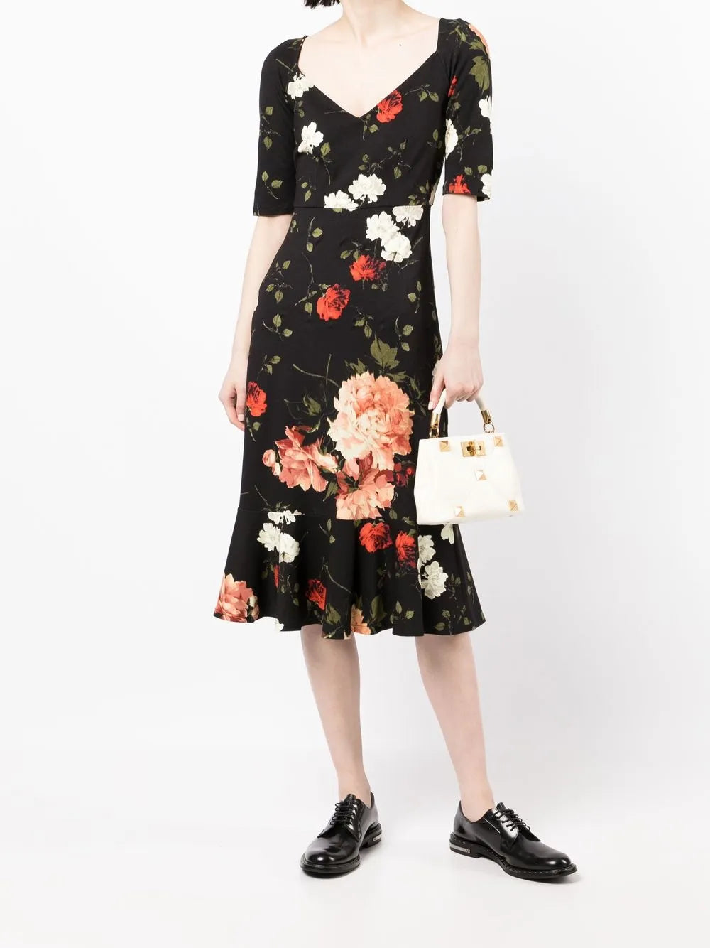 Floral Sweetheart-Neck Midi Dress