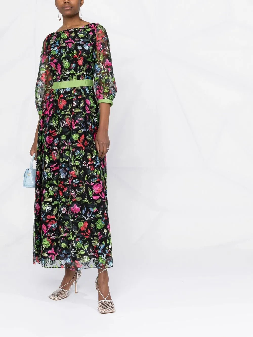 Floral-Embroidered Sheer-Sleeve Dress