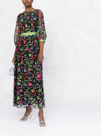 Floral-Embroidered Sheer-Sleeve Dress