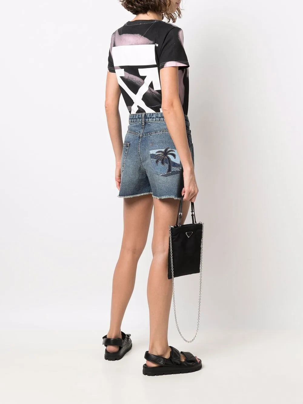 Palm Tree-Embroidered Frayed Denim Shorts