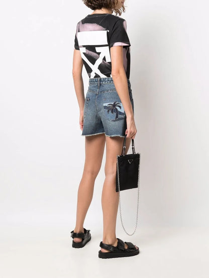 Palm Tree-Embroidered Frayed Denim Shorts