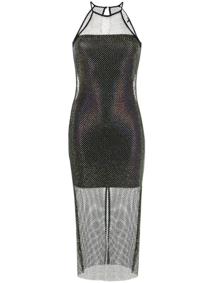 Sleeveless Rhinestone-Embellished Mesh Dress