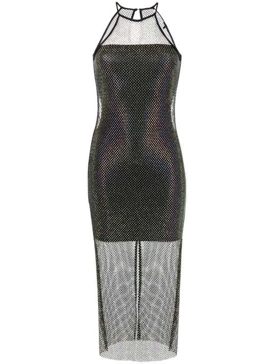 Sleeveless Rhinestone-Embellished Mesh Dress