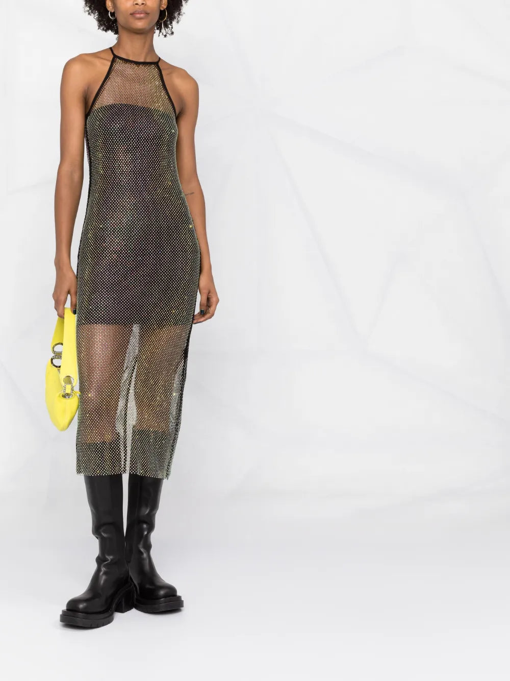 Sleeveless Rhinestone-Embellished Mesh Dress