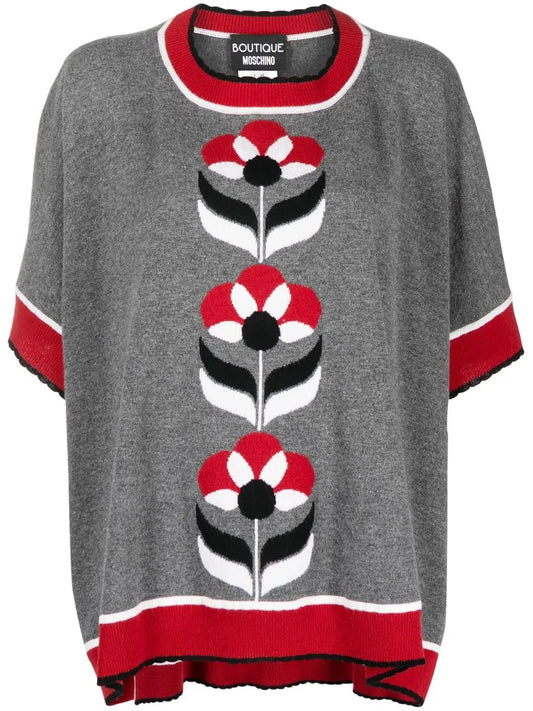 Intarsia-Knit Floral Poncho Top
