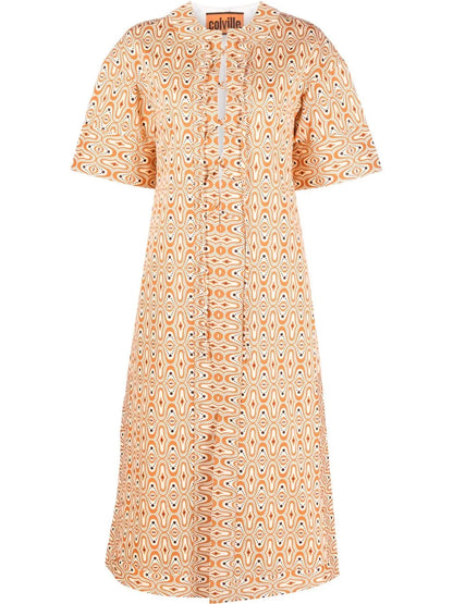Patterned Lace-Up Midi Dress