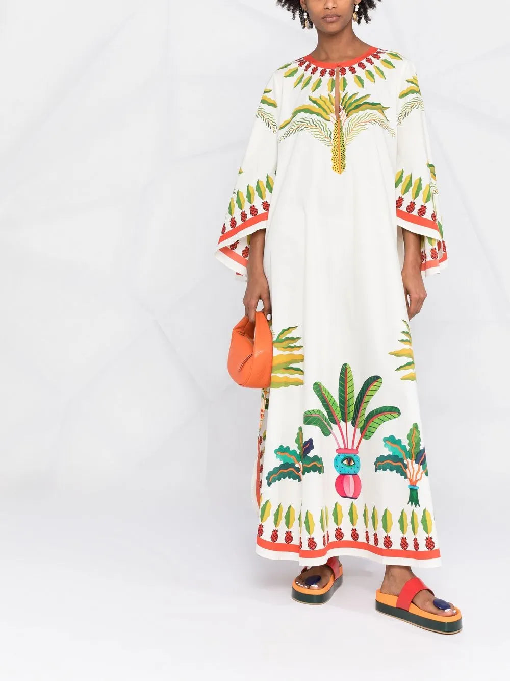 Flying Palm Tree-Print Poplin Kaftan Dress