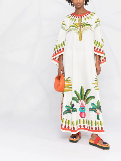 Flying Palm Tree-Print Poplin Kaftan Dress