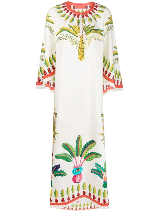 Flying Palm Tree-Print Poplin Kaftan Dress