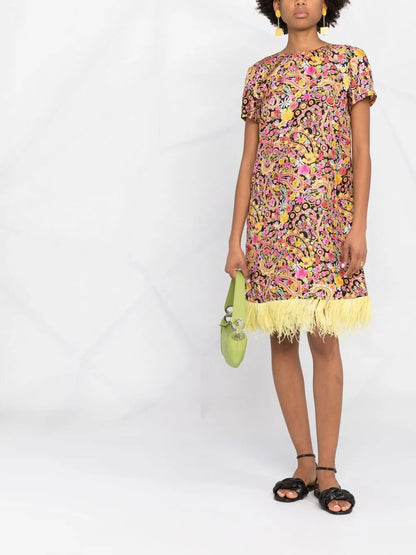 Swing Feather-Trim Mini Dress