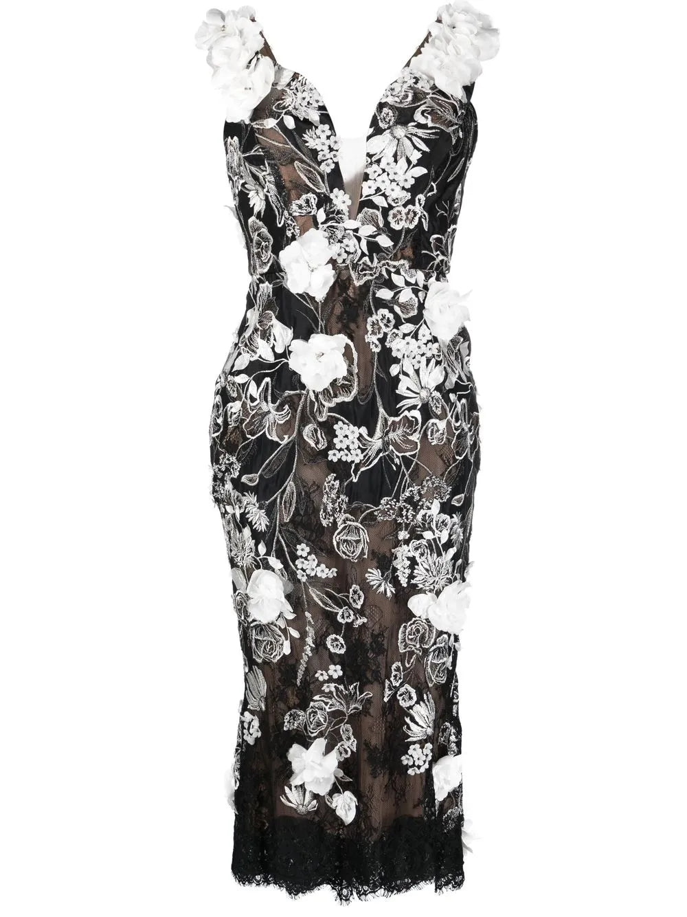 Floral-Appliqué Midi Dress