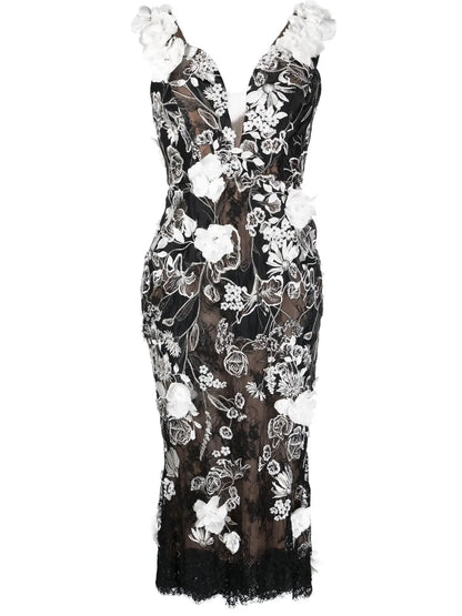 Floral-Appliqué Midi Dress