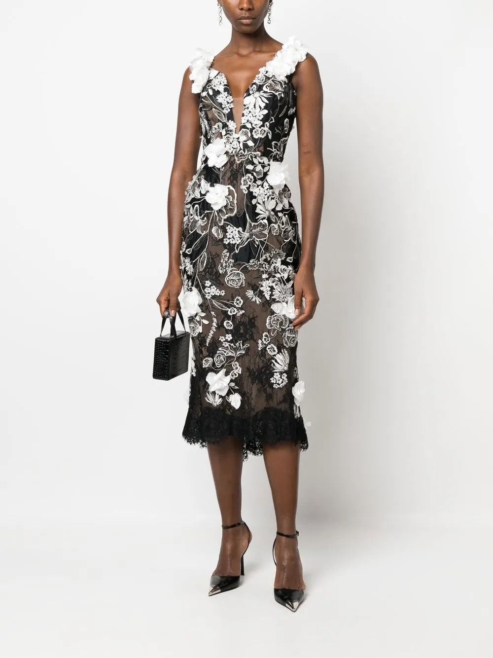 Floral-Appliqué Midi Dress