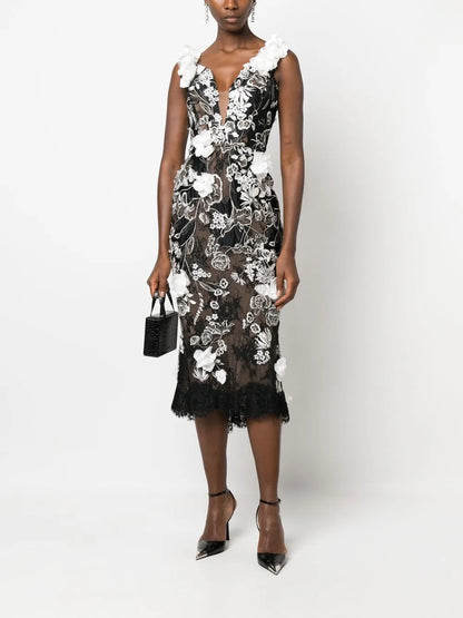 Floral-Appliqué Midi Dress