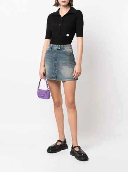 Ribbed Short-Sleeve Polo Top