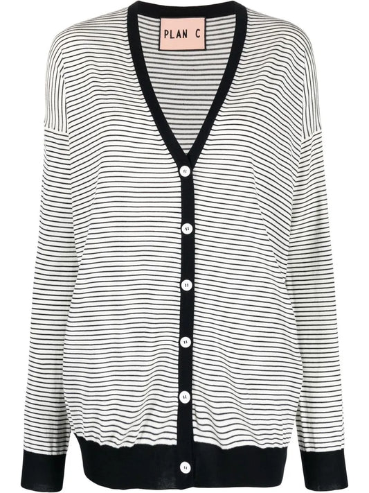 Stripe-Print Button-Up Cardigan