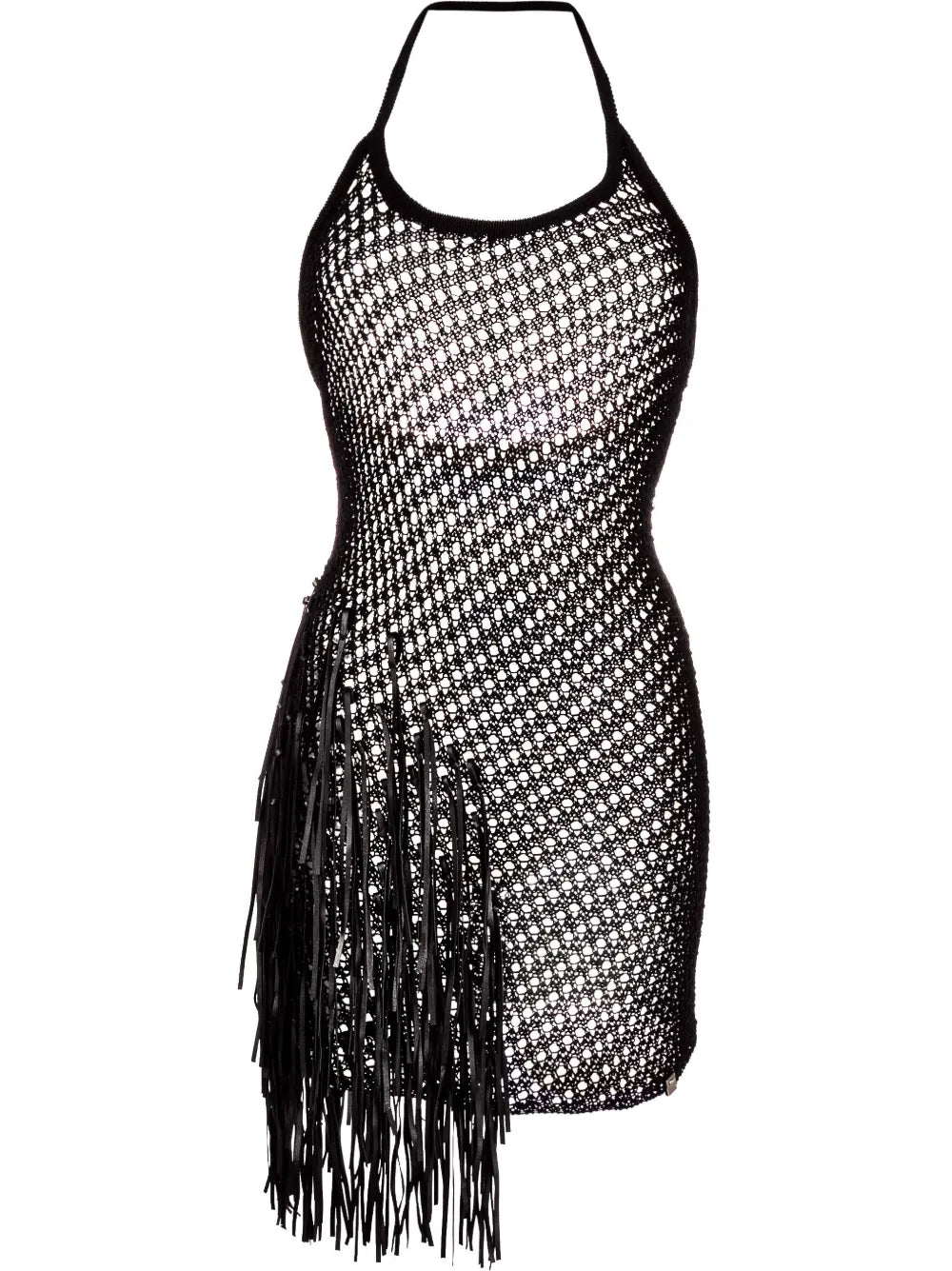 Fringe-Trim Crochet-Knit Mini Dress