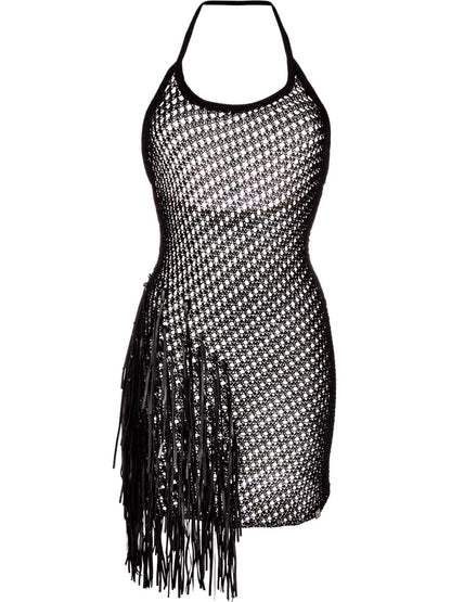 Fringe-Trim Crochet-Knit Mini Dress