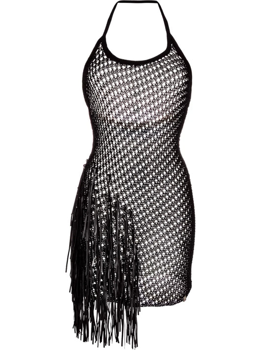 Fringe-Trim Crochet-Knit Mini Dress