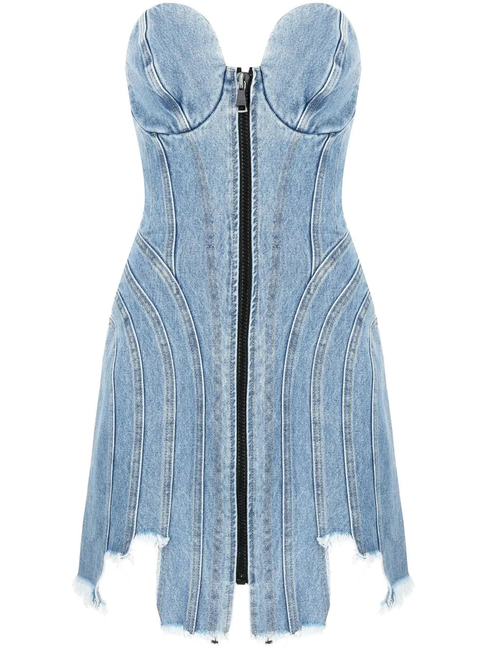 Asymmetric-Hem Denim Mini Dress