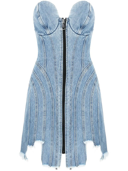 Asymmetric-Hem Denim Mini Dress