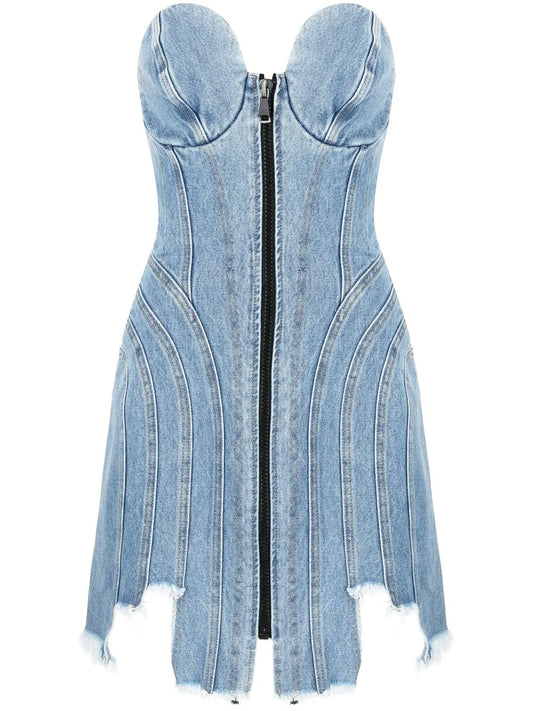 Asymmetric-Hem Denim Mini Dress