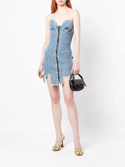 Asymmetric-Hem Denim Mini Dress