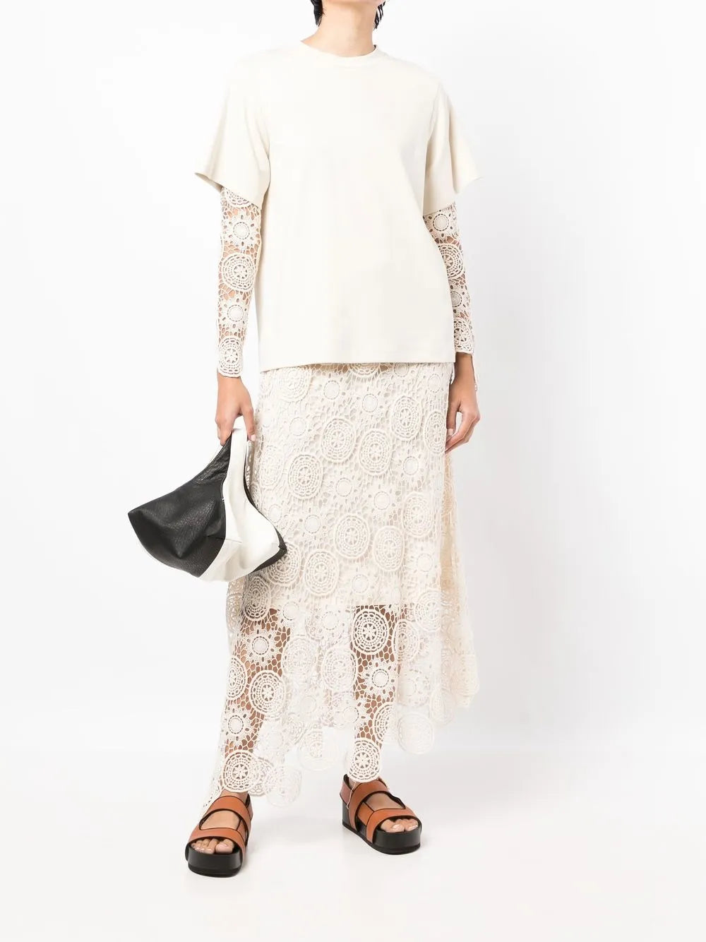 Lace-Sleeve Crew Neck T-Shirt