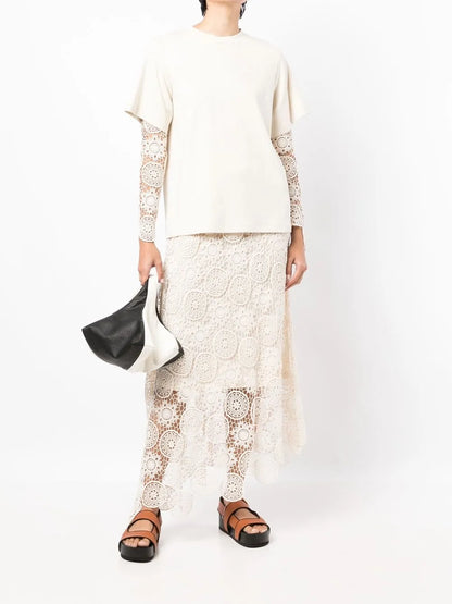 Lace-Sleeve Crew Neck T-Shirt