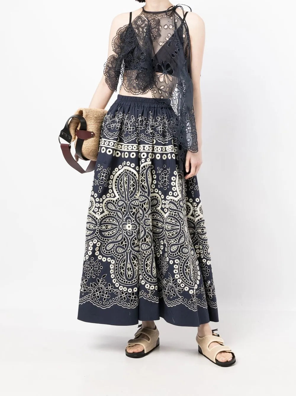 Floral-Embroidered Full Skirt