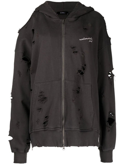Embroidered-Logo Distressed Hoodie