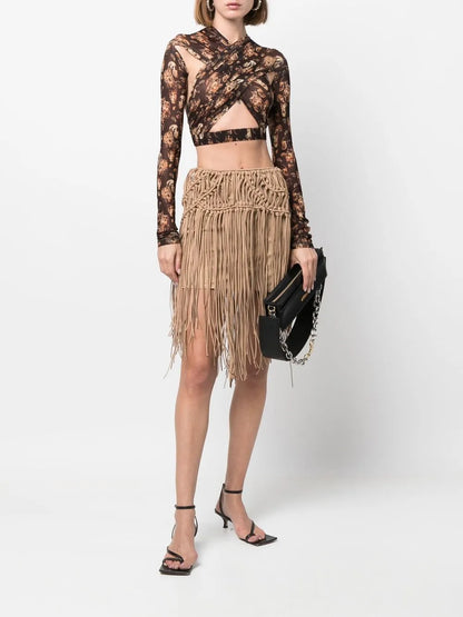 Macramé Fringe-Hem Mini Skirt