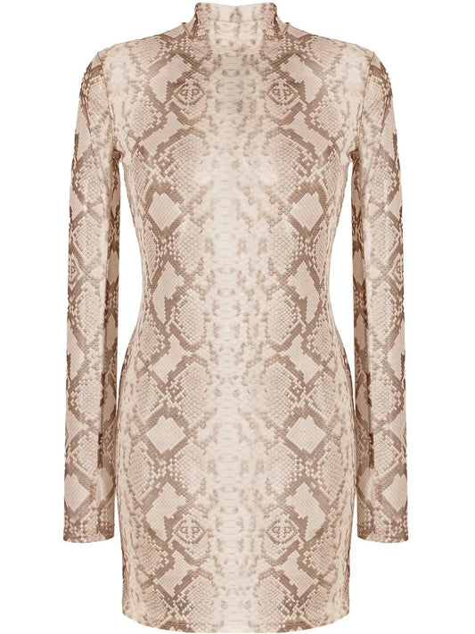 Snakeskin-Print Mock Neck Dress