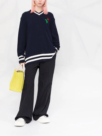 Floral-Embroidered V-Neck Jumper