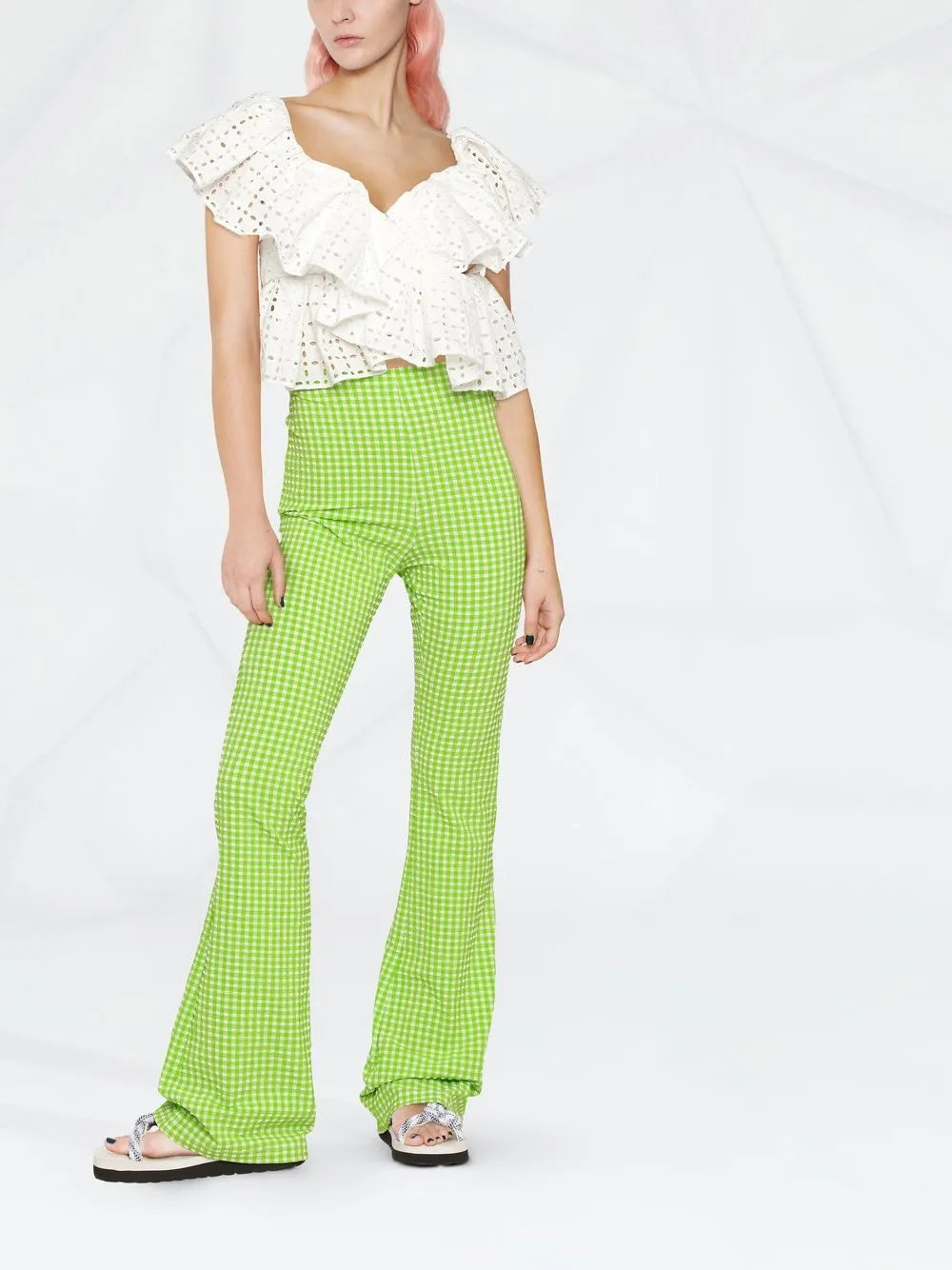 Check-Pattern Flared Trousers