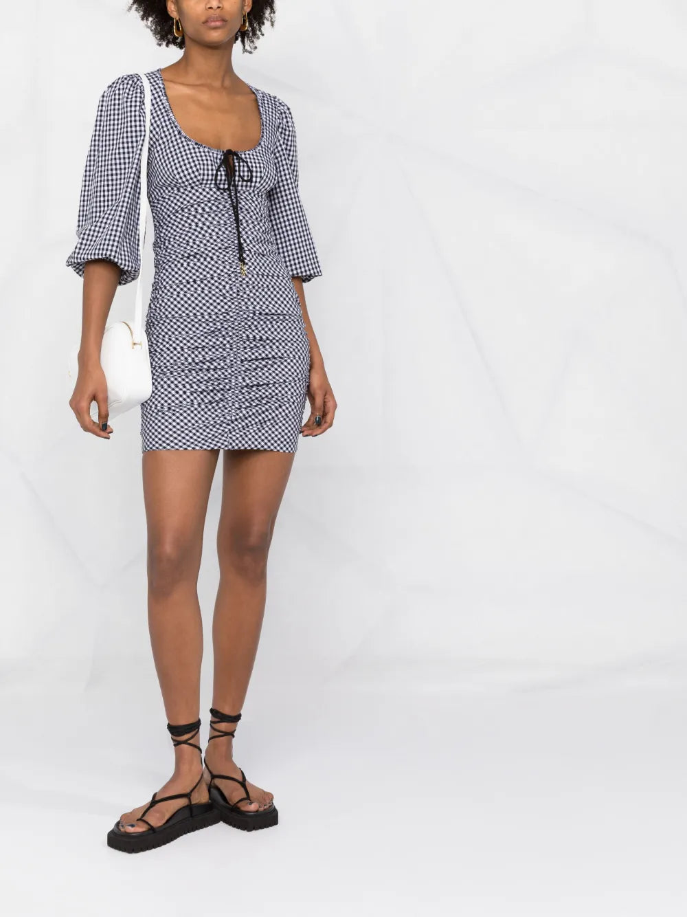 Balloon-Sleeve Gingham-Print Dress