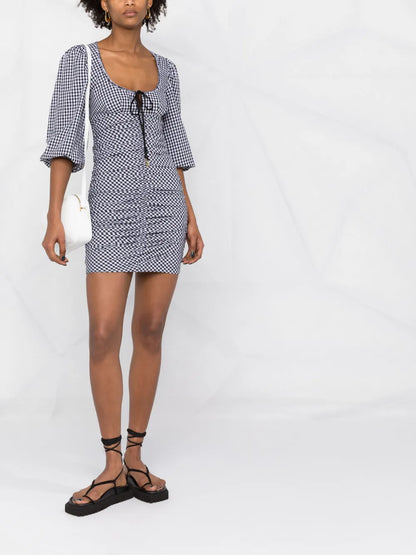 Balloon-Sleeve Gingham-Print Dress