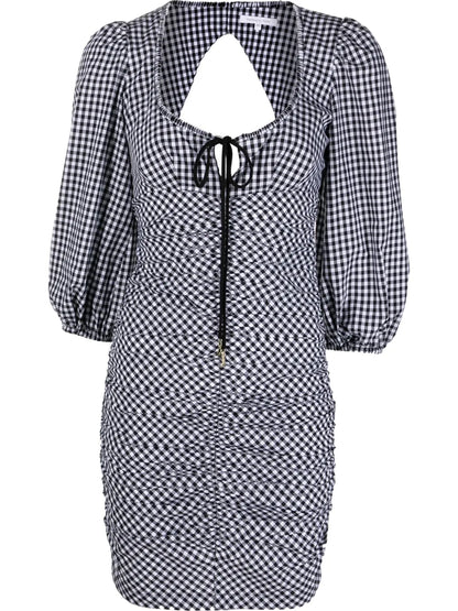 Balloon-Sleeve Gingham-Print Dress
