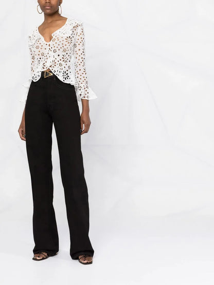 Embroidered-Design Long-Sleeve Blouse