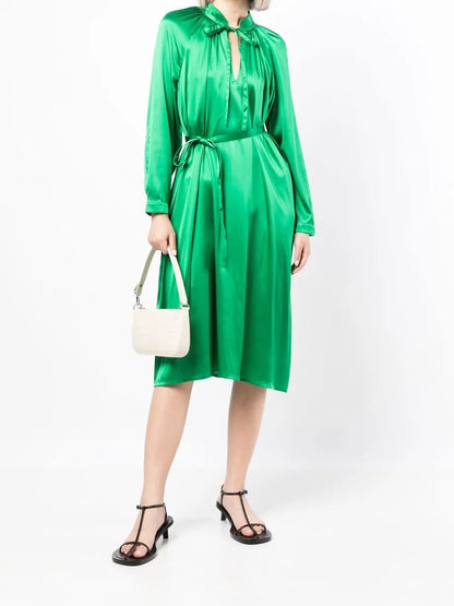 Satin-Finish Tied-Waist Dress