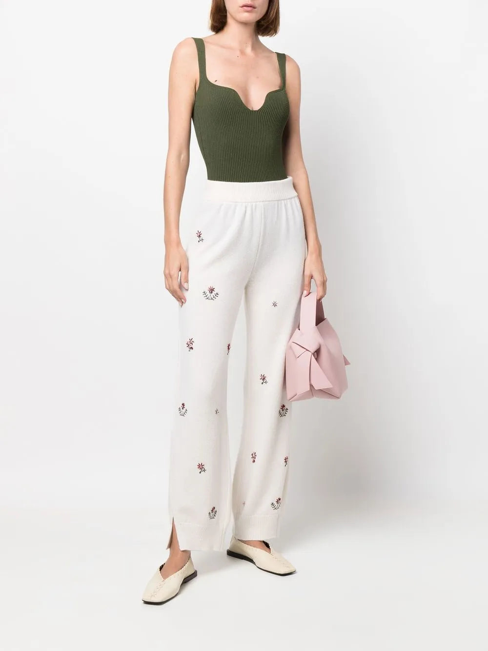 Floral-Embroidered Cashmere Trousers