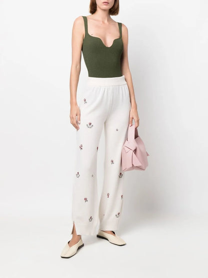 Floral-Embroidered Cashmere Trousers