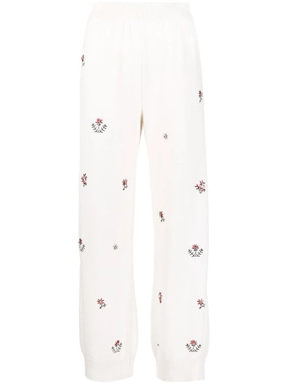 Floral-Embroidered Cashmere Trousers