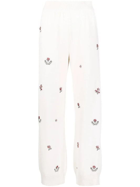 Floral-Embroidered Cashmere Trousers