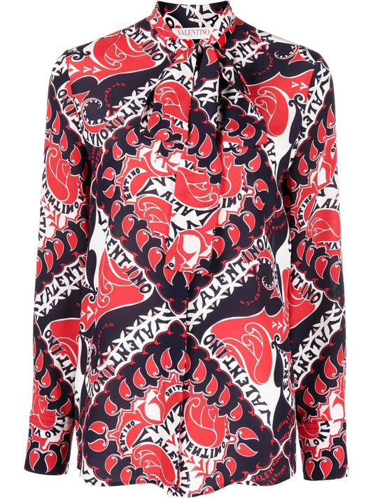 Geometric Logo-Print Pussybow Blouse