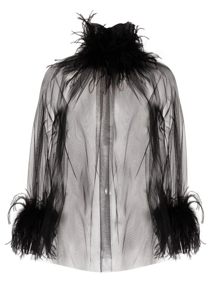 Feather-Trimmed Sheer Blouse