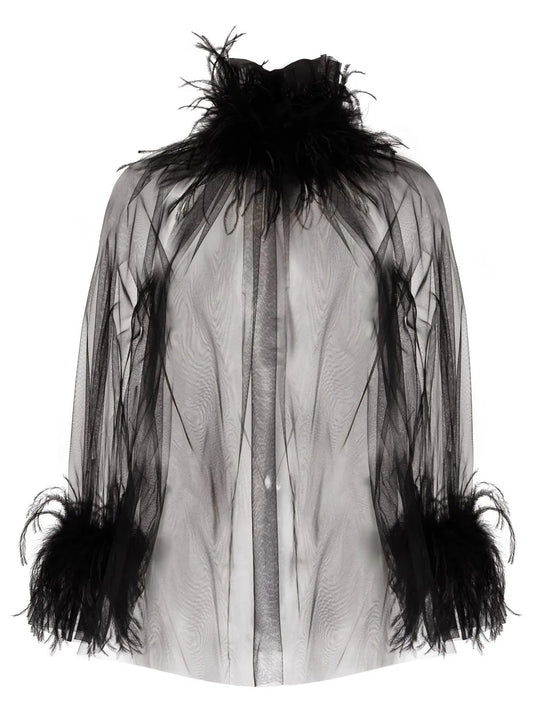 Feather-Trimmed Sheer Blouse