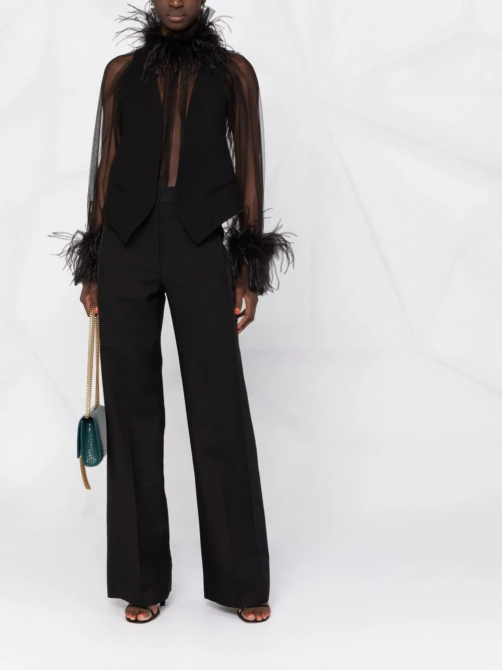 Feather-Trimmed Sheer Blouse