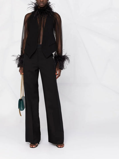 Feather-Trimmed Sheer Blouse